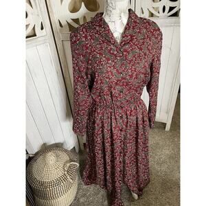Vintage 90s Carroll Reed Red Paisley Dress Button Midi Teacher Core Size 12